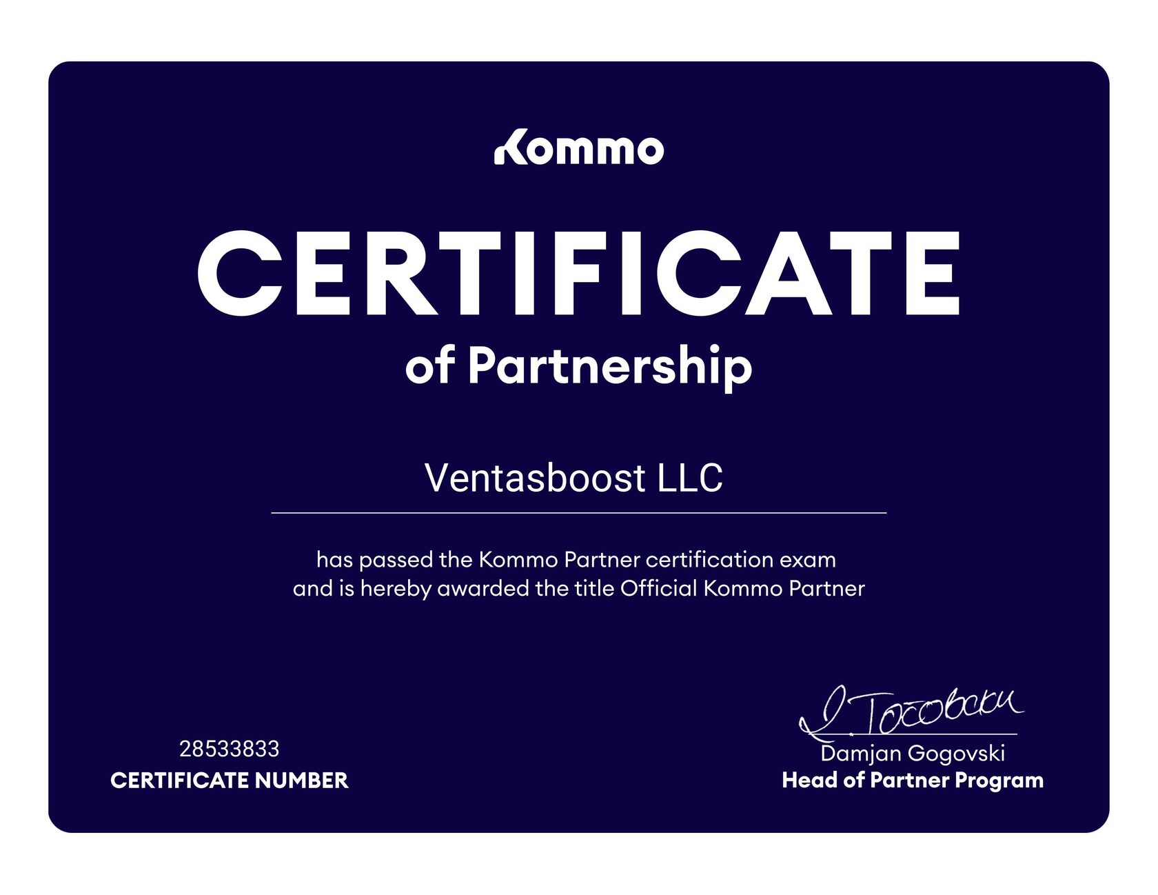 Kommo Partner Certificate