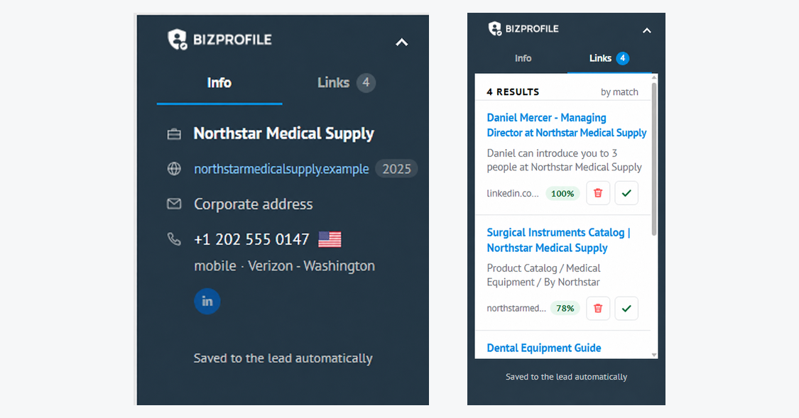 BizProfile panel in a Kommo card: the Info tab with company, domain registration year, email type, phone line type and carrier, and the Links tab with search results ranked by match confidence