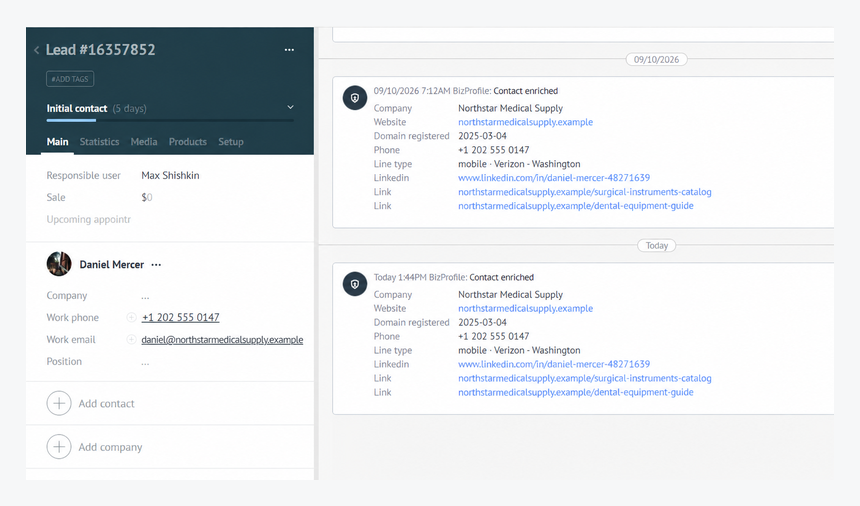 What lands in the Kommo lead card: one note from BizProfile with company, website, domain registration date, phone and line type, and the confirmed profile links