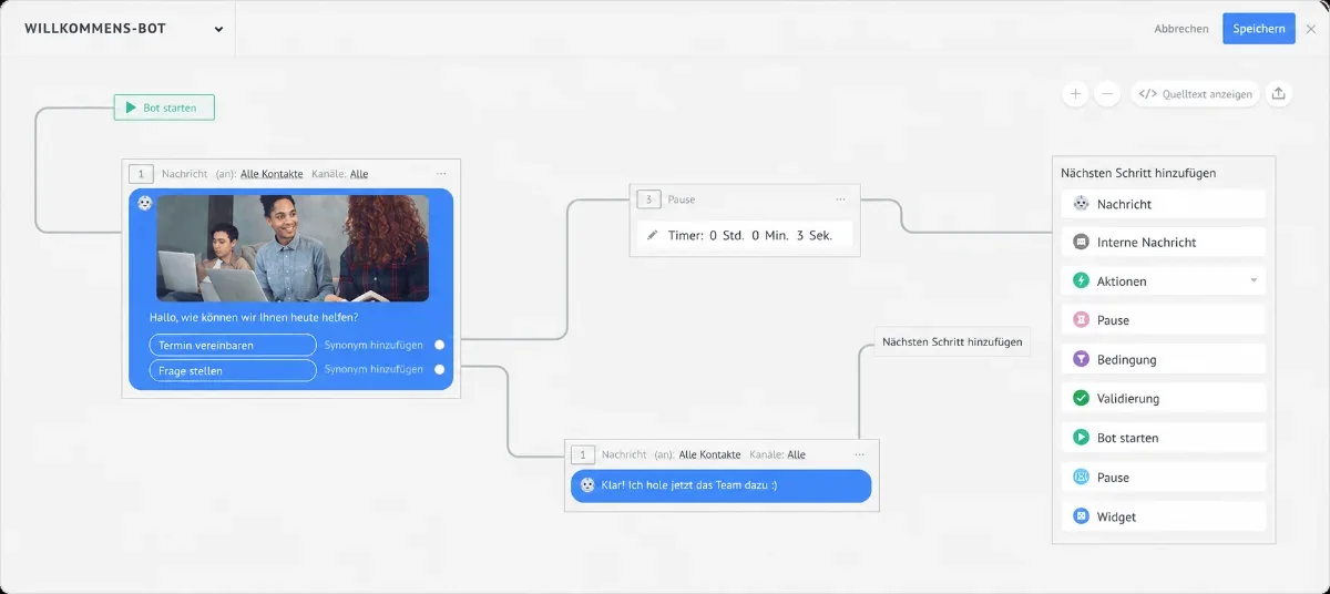 Willkommens-Bot in Kommo auf Deutsch: Nachricht, Pause und weitere Schritte im Automatisierungs-Editor