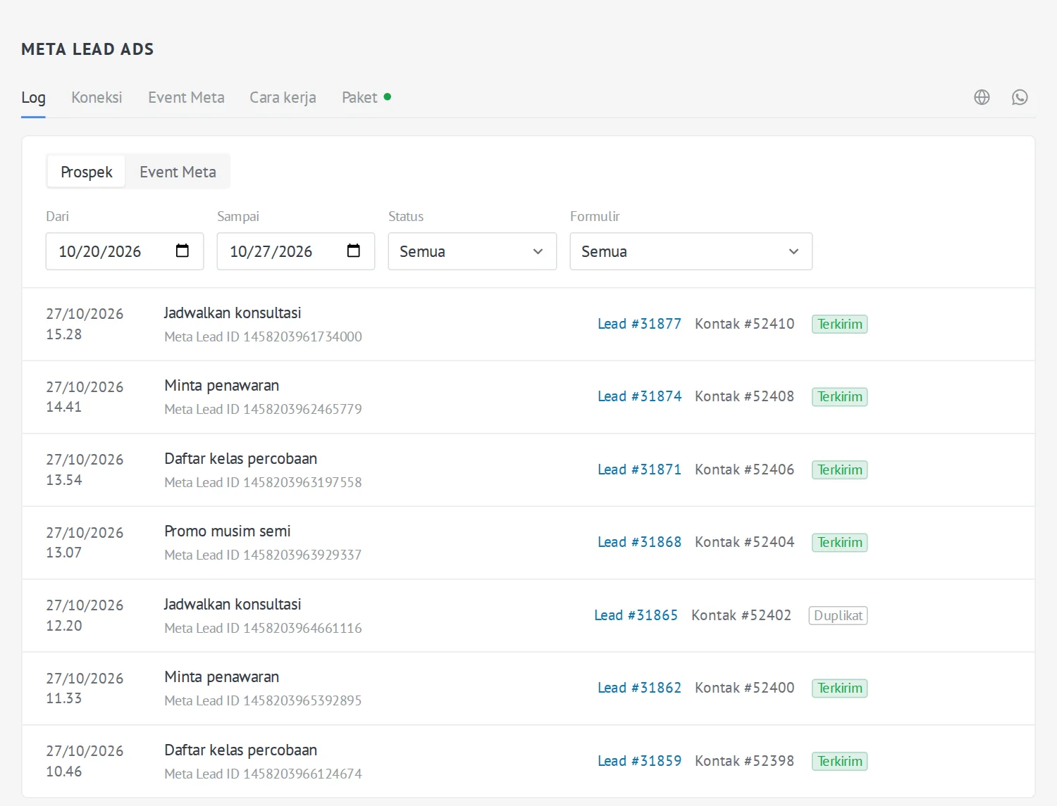 Meta Lead Ads — Log