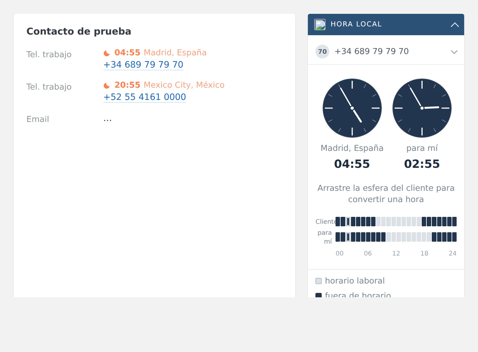 Hora local sobre el número de teléfono