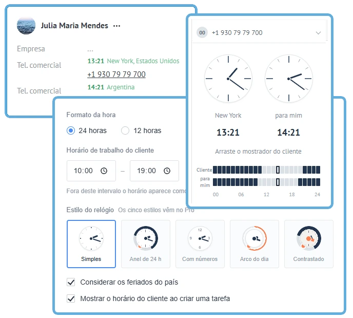 Um cartão de contato, o bloco de horário da região com dois mostradores e as configurações do widget