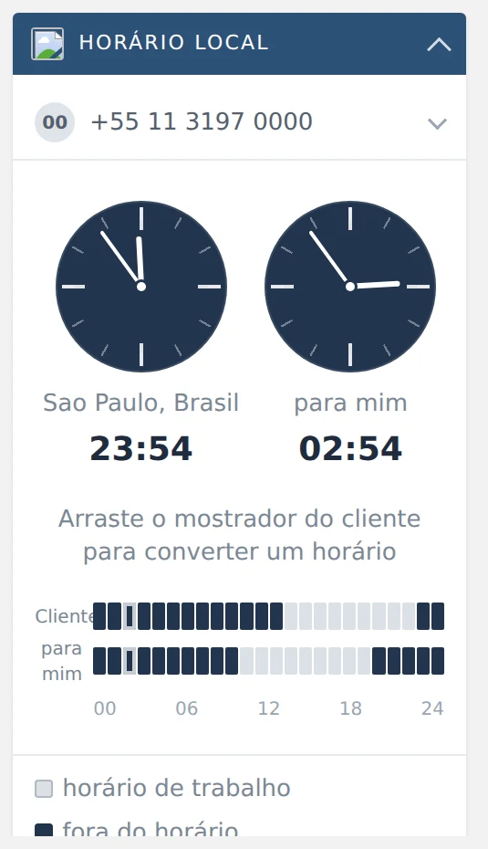 Horário local acima do número de telefone