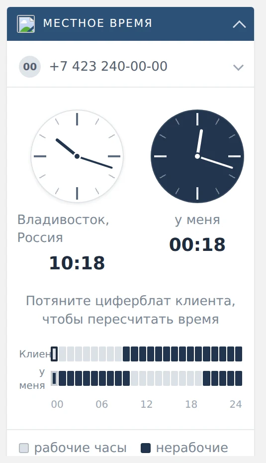 Блок «Местное время» в карточке CRM: циферблаты клиента и менеджера, сутки полосой и легенда рабочих часов