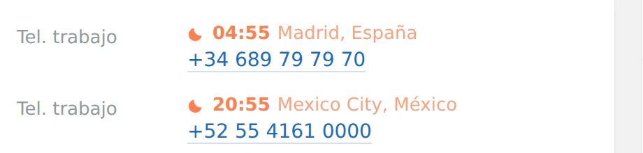 Hora local sobre el número de teléfono