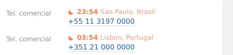 Horário local acima do número de telefone