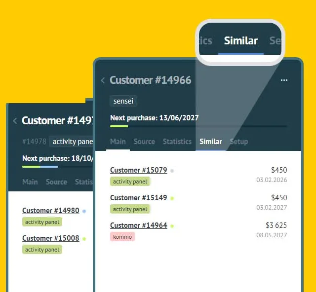 The Similar tab in a Kommo customer card: other customers sharing the same contact, with tags, next purchase amount and date