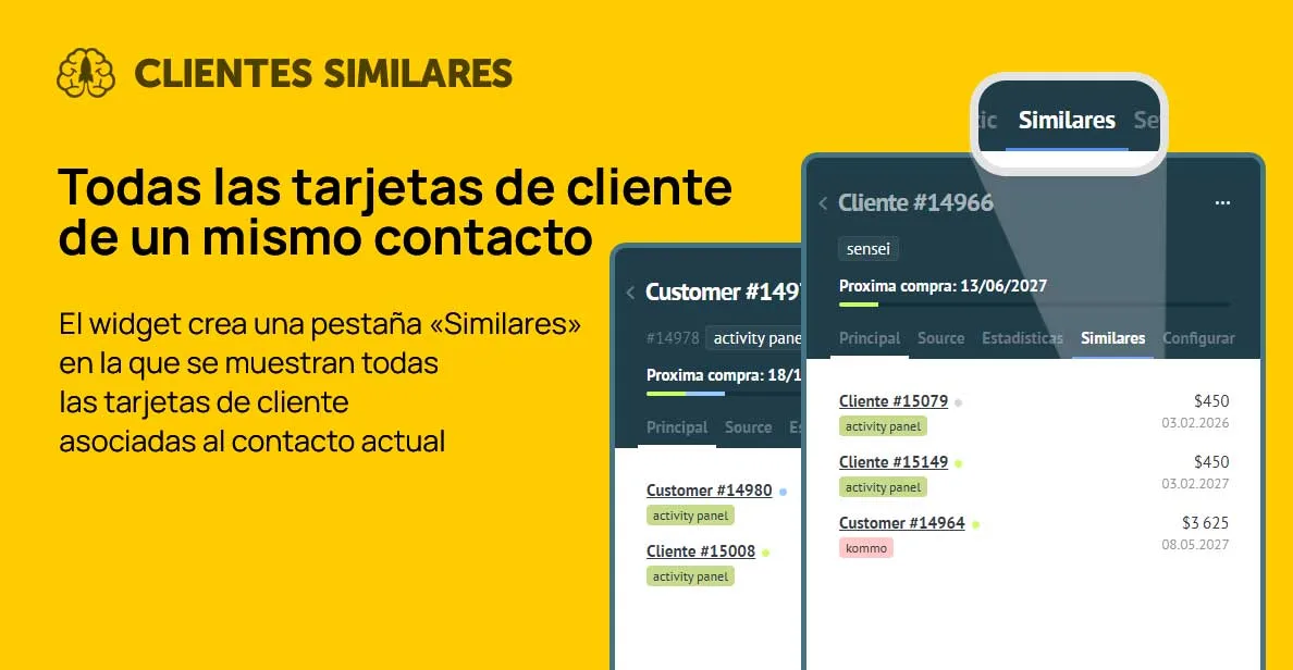Pestaña Similares en una tarjeta de cliente de Kommo: otros clientes con el mismo contacto, con etiquetas, importe y fecha de la próxima compra