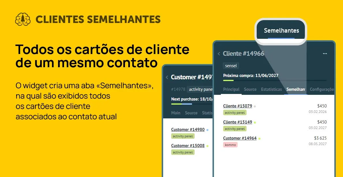 Aba Semelhantes em um cartão de cliente do Kommo: outros clientes com o mesmo contato, com tags, valor e data da próxima compra