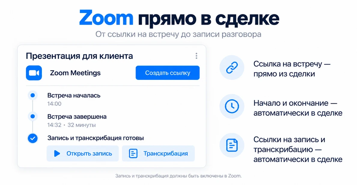 Интеграция Zoom Meetings: ссылка на встречу из сделки, начало и окончание встречи, запись и расшифровка в сделке