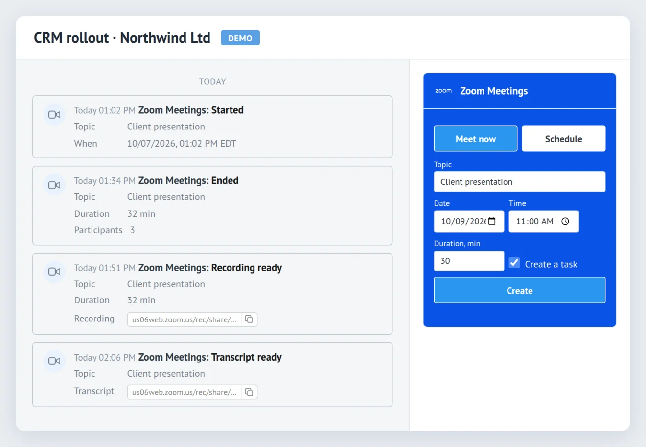 Zoom Meetings block in a Kommo lead: the meeting scheduling form and notes about the start, end, recording and transcript