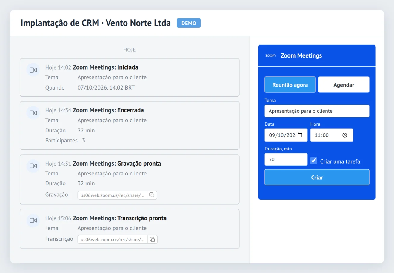 Bloco do Zoom Meetings em um lead do Kommo: formulário de agendamento e notas sobre início, fim, gravação e transcrição